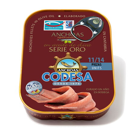 Filety z kantábrijských ančovičiek v olivovom oleji 85g ZLATÁ EDÍCIA veľké filety 11/14 CODESA Anchoas de Cantabria
