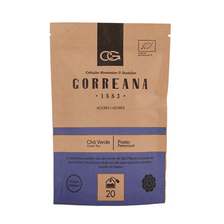 Zelený čaj z Azorských ostrovov s mätou sivou (poejo/pennyroyal) vrecúškový 40g (20x2g) Gorreana