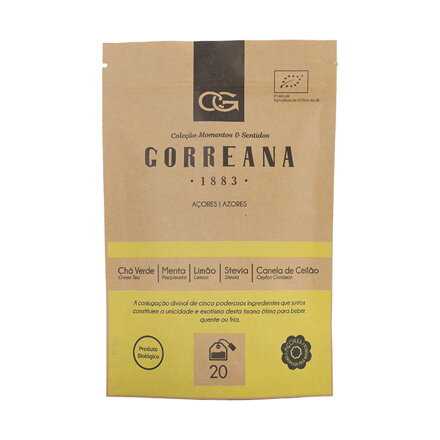 Zelený čaj z Azorských ostrovov s mätou, citrónom, stéviou a Cejlónskou škoricou, vrecúškový 40g (20x2g) Gorreana