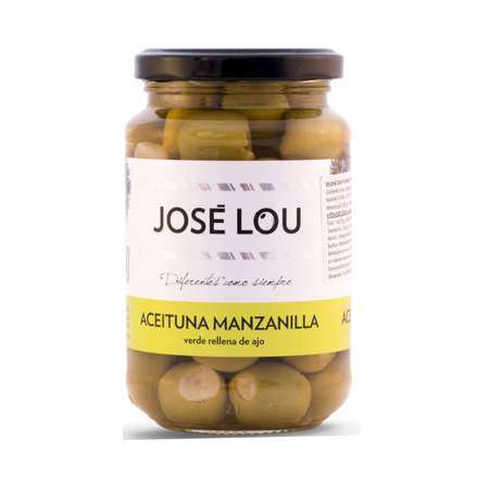 Zelené olivy odrody Manzanilla plnené cesnakom 355g José Lou