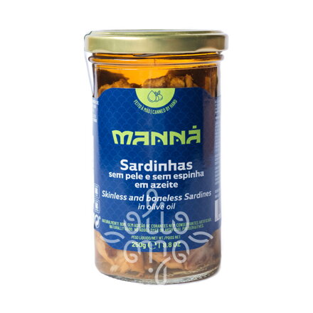 Portugalské sardinky bez kože a kostí v olivovom oleji 250g v skle MANNÁ
