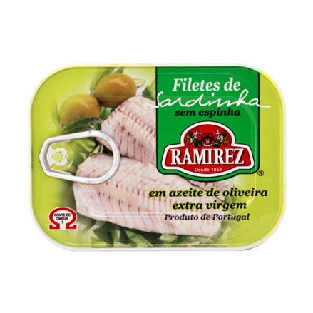 Filety sardinky bez kostí v extra panenskom olivovom oleji s kúskami olív 100g Ramirez