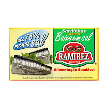 Portugalské sardinky v olivovom oleji s nízkym obsahom soli (bez pridanej soli) 125g Ramirez