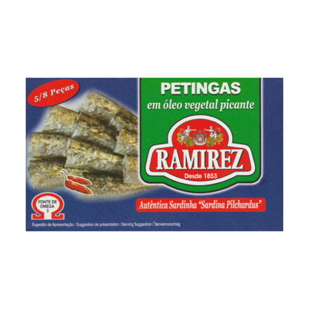 Portugalské mini sardinky Petingas v oleji s čili papričkou Piri-Piri 90g Ramirez