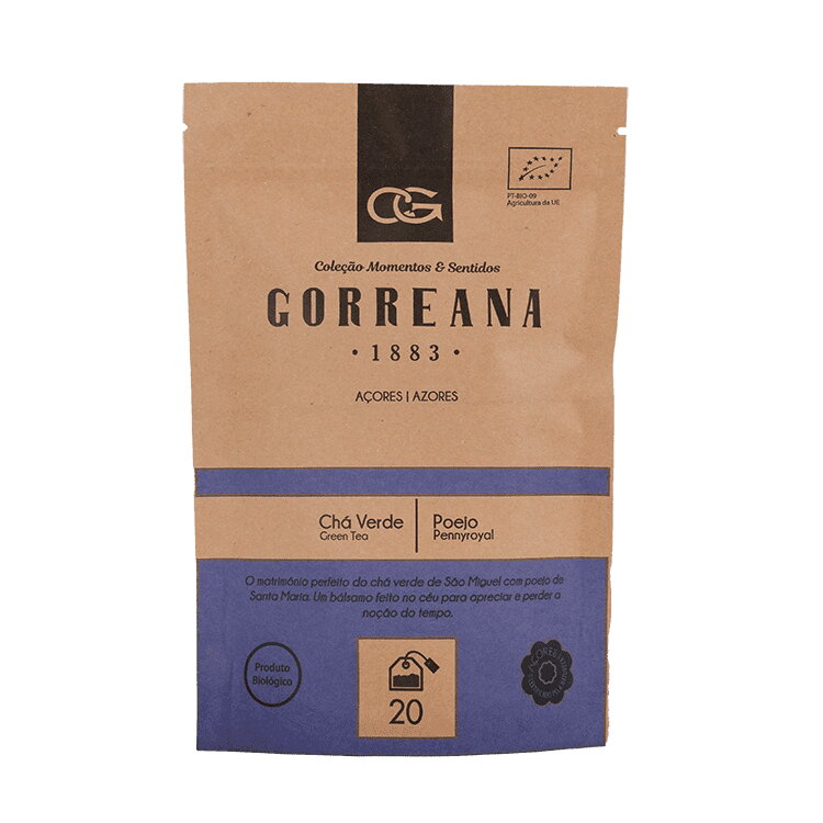 Zelený čaj z Azorských ostrovov s mätou sivou (poejo/pennyroyal) vrecúškový 40g (20x2g) Gorreana