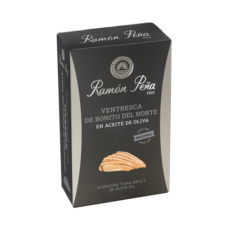 Jemné plátky Ventresca z brušnej časti bieleho tuniaka v olivovom oleji 115g Ramón Peña Jemné plátky Ventresca z brušnej časti bieleho tuniaka v olivovom oleji 115g Ramón Peña