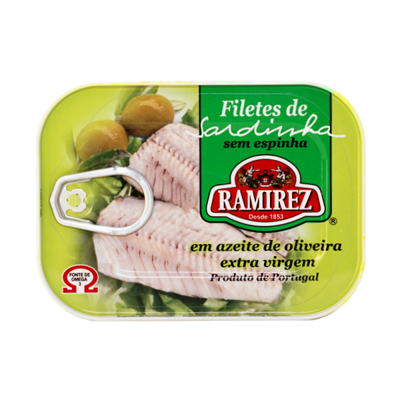 Filety sardinky bez kostí v extra panenskom olivovom oleji s kúskami olív 100g Ramirez